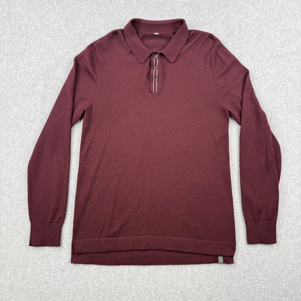 Lululemon Shirt Mens Small Maroon Merino Wool New Venture Knit Polo Long Sleeve